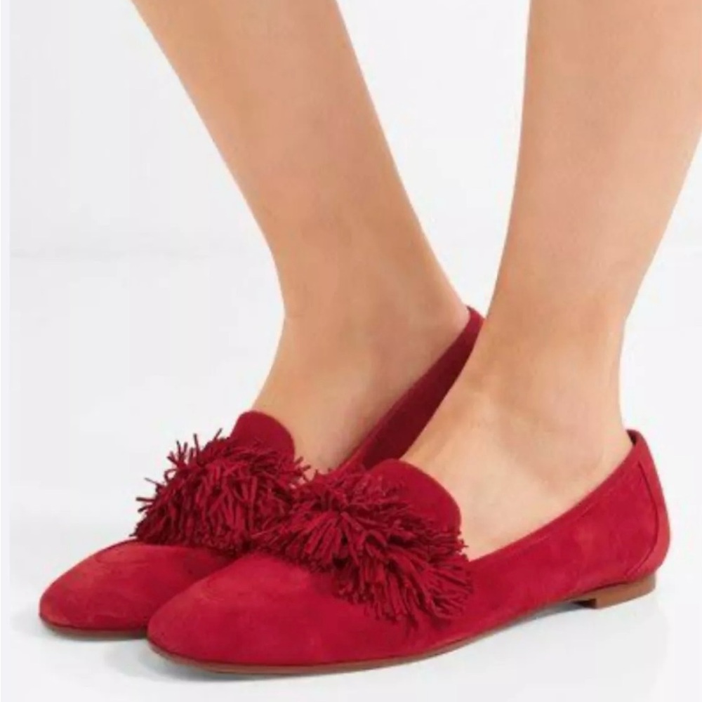 Aquazzura Firenze Lipstick Red Wild Thing Suede Fringe Trimmed Loafers Flats